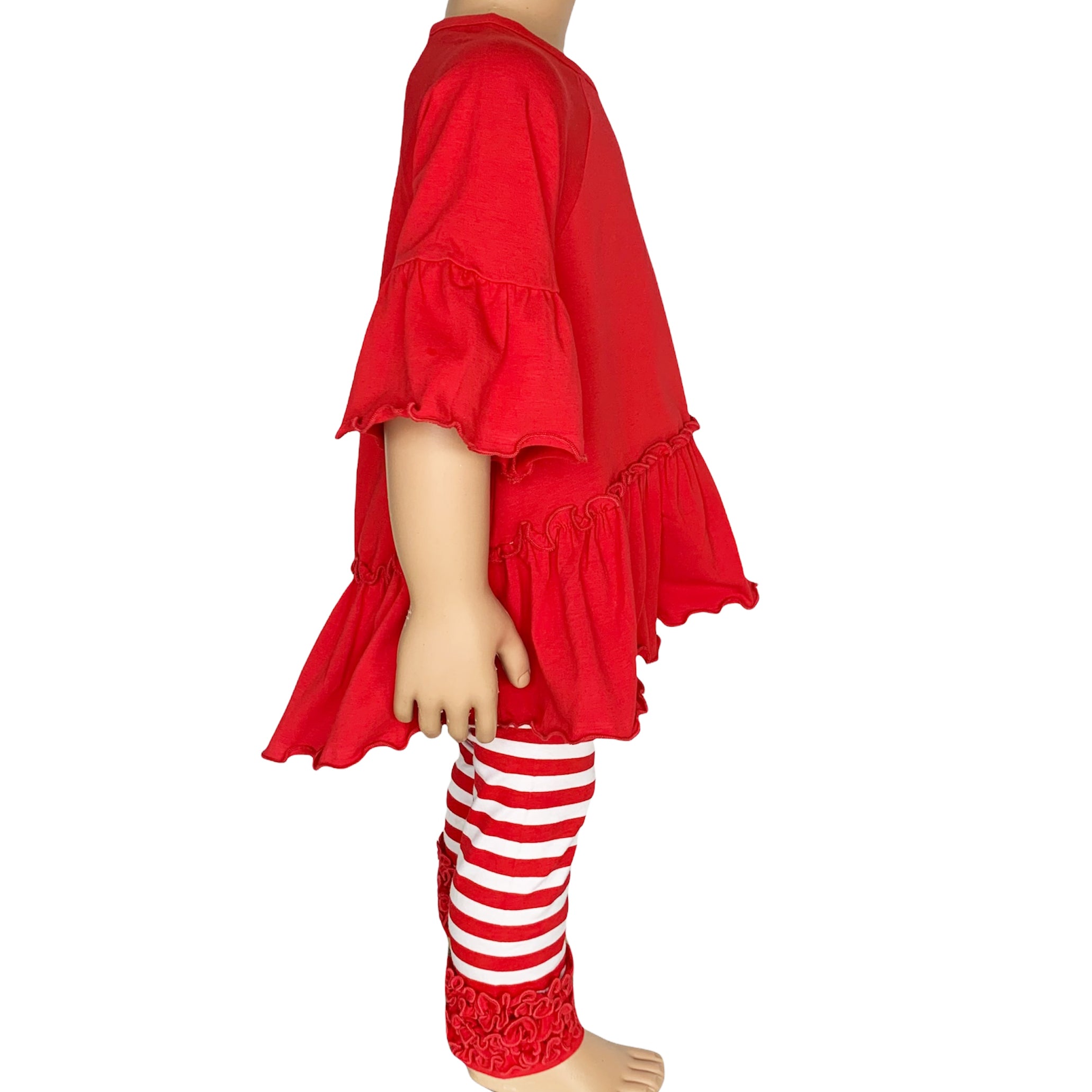 AnnLoren Little & Big Girls 3/4 Angel Sleeve Red Cotton Knit Ruffle top with bell sleeves and flowy silhouette.